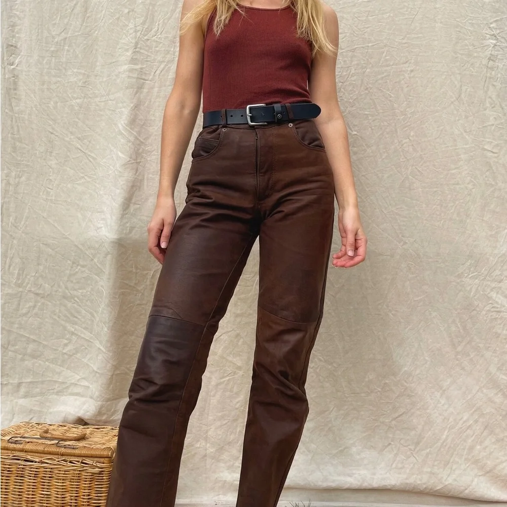 Vintage ‘80s brown leather high rise trousers / slim straight leg /biker/women - Picture 3 of 9